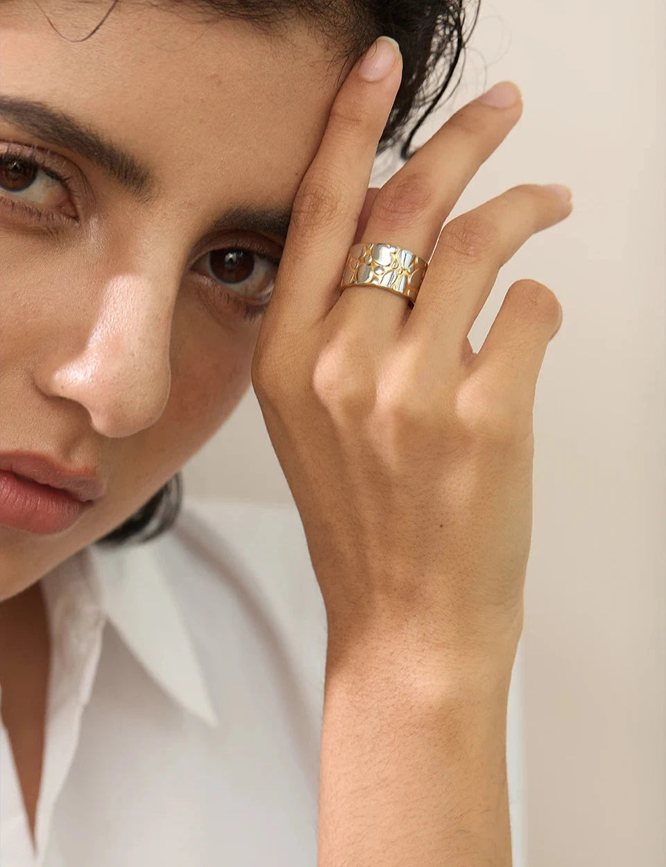 Two-tone Pebble Gold Plated Open Ring